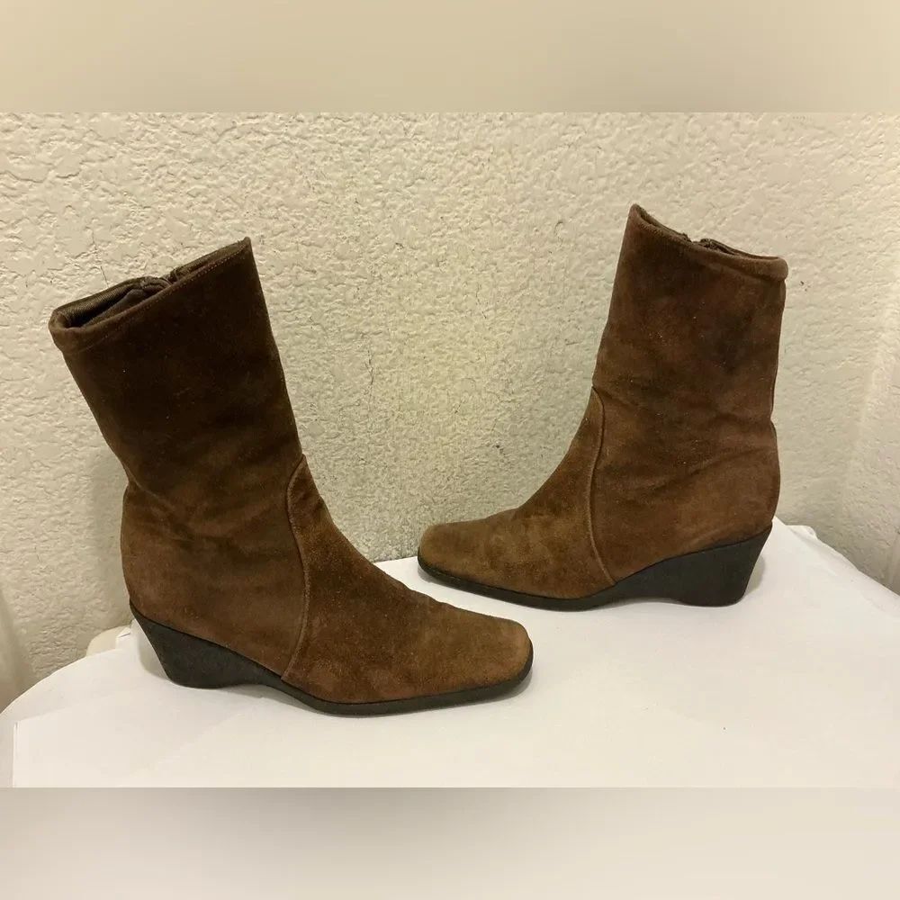 Aquatalia square toe wedge heel brown suede mid calf boots